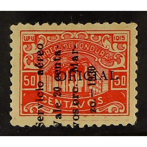 205 - HONDURAS 1930 AIR POST 20c on 50c vermilion Official stamp with 4- line 