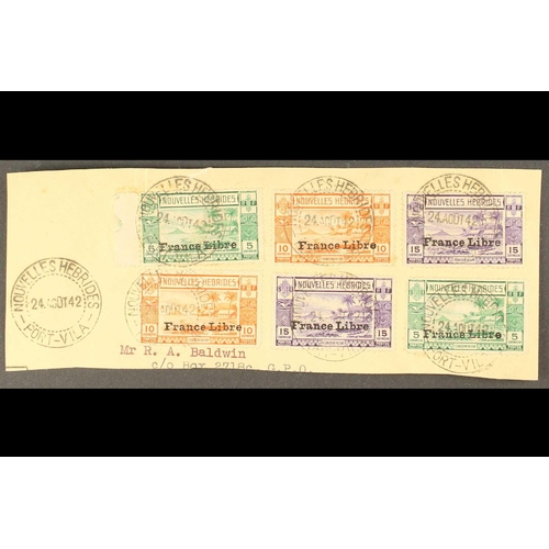 346 - NEW HEBRIDES FRENCH 1941 France Libre, piece bearing 5c, 10c and 15c x2 of each, tied Port Vila Octo... 