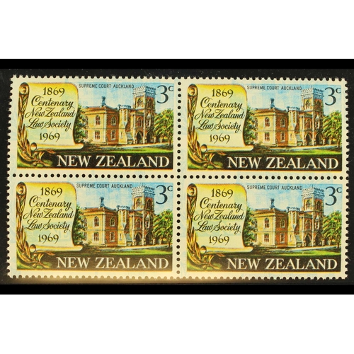 350 - NEW ZEALAND 1969 3c Law Society with BLUE PRINTED DOUBLE, CP S115a(Z), never hinged mint BLOCK OF FO... 