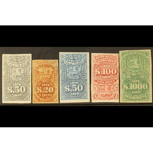 366 - PERU REVENUES 1878 IMPERF COLOUR PROOFS with 20s (repaired), 50s (x2), 100s & 1000s (repaired). Attr... 