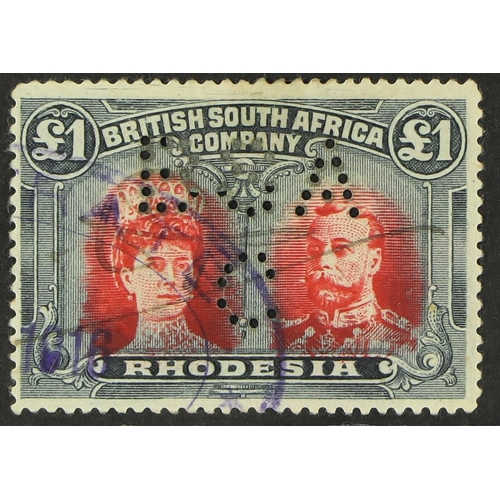 377 - RHODESIA 1910-13 £1 red & black Double Heads perf 15, SG 179, fine fiscally used.