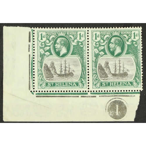 391 - ST HELENA 1922-37 1d grey and green, Cleft rock variety, SG 98c, in corner plate number pair with no... 