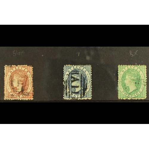 395 - ST LUCIA 1863 Wmk CC set, SG 5bx, SG7 & SG 8x, (1d & 6d with reversed watermarks) used. Cat. £455 (3... 