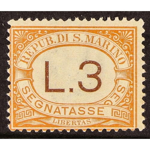 406 - SAN MARINO POSTAGE DUE 1925 3L orange, Sassone 25, never hinged mint. cat. 475.