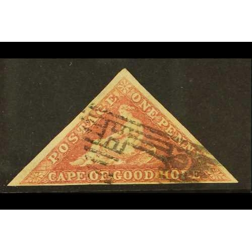 423 - SOUTH AFRICA -COLS & REPS CAPE OF GOOD HOPE 1855-63 1d rose triangular, SG 5a, used with 3 margins. ... 