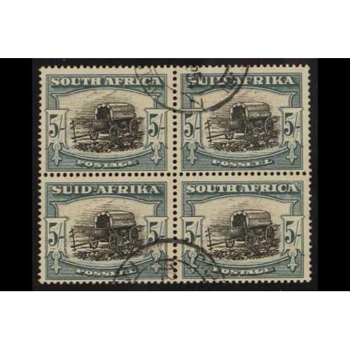 437 - SOUTH AFRICA 1947-54 5s black and pale blue-green Pictorial, SG 122, cds used block of four. Cat. £1... 