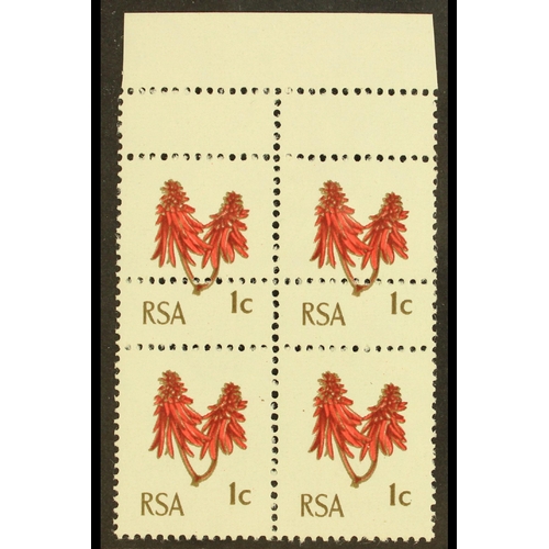 441 - SOUTH AFRICA 1969 1969 1c rose-red & olive-brown, SG 277, block of 4 with EXTRA STRIKE OF COMB PERFO... 