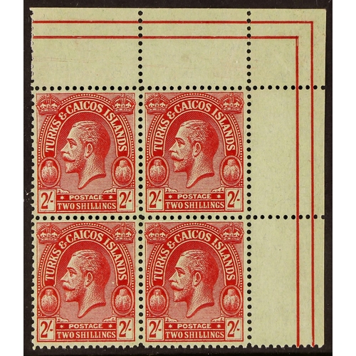 479 - TURKS & CAICOS IS. 1922-26 2s red on emerald, SG 174, never hinged mint upper right corner block of ... 