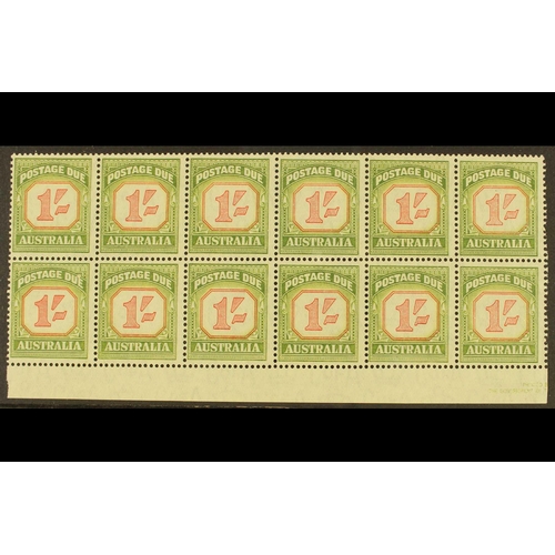 59 - AUSTRALIA POSTAGE DUE 1946-57 1s carmine & green, SG D128, never hinged mint marginal block of 12, C... 