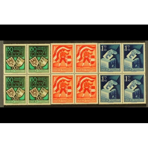 61 - AUSTRIA 1950 Plebiscite complete set (Michel 952/54, SG 1212/14), as never hinged mint blocks of fou... 