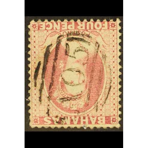 64 - BAHAMAS 1863-77 4d bright rose, WMK INVERTED, perf.14, SG 35w, good used, corner crease. Cat. £25.