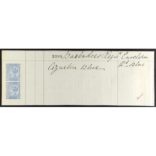 69 - BARBADOS 1904 UNIQUE INK RECIPE COLOUR TRIAL STAMPS Queens head printers dummy stamp inscribed 