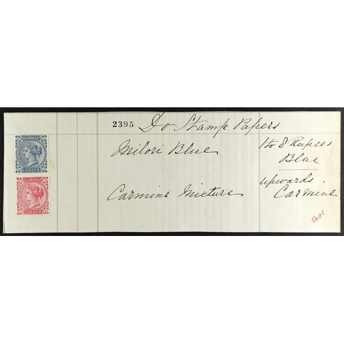 69 - BARBADOS 1904 UNIQUE INK RECIPE COLOUR TRIAL STAMPS Queens head printers dummy stamp inscribed 