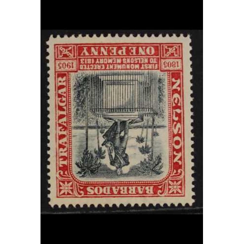 70 - BARBADOS 1906 1d black & red Nelson, WATERMARK INVERTED, SG 147w, never hinged mint, showing 'retouc... 