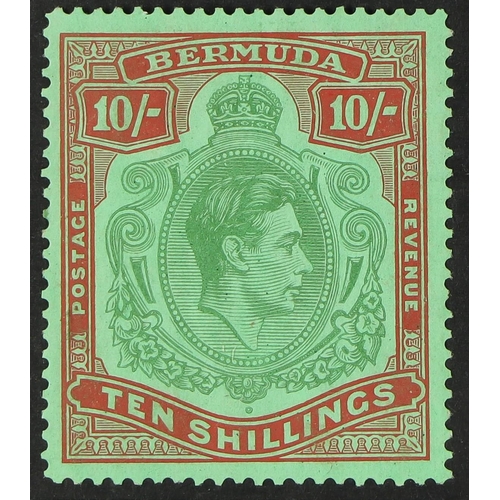 86 - BERMUDA 1942 10s yellow green & deep carmine on green LINE PERF 14¼, SG 119b, never hinged mint with... 