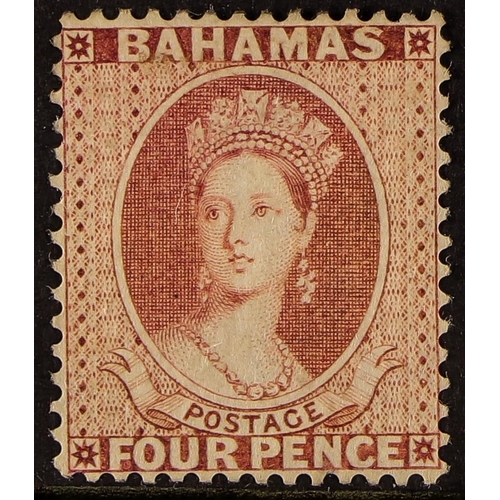 124 - BAHAMAS 1863-77 4d dull rose, watermark Crown CC, perf 14, SG 36, fine mint. Cat. £1500.