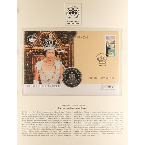 13 - COIN COVER AND STAMP COLLECTION - ROYALTY in 5 custom albums. Mainly featuring The Queen's Golden Ju... 