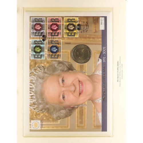 13 - COIN COVER AND STAMP COLLECTION - ROYALTY in 5 custom albums. Mainly featuring The Queen's Golden Ju... 