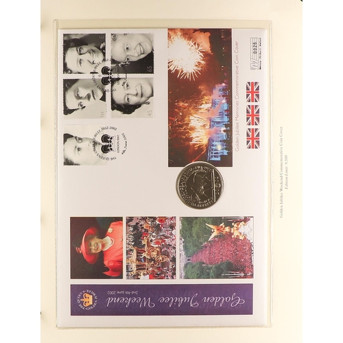 13 - COIN COVER AND STAMP COLLECTION - ROYALTY in 5 custom albums. Mainly featuring The Queen's Golden Ju... 