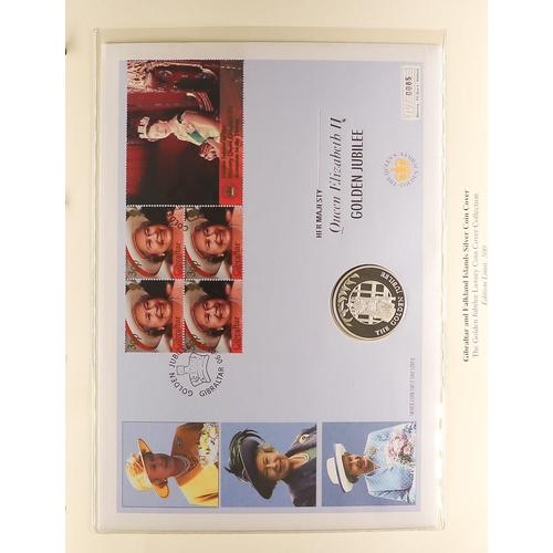 13 - COIN COVER AND STAMP COLLECTION - ROYALTY in 5 custom albums. Mainly featuring The Queen's Golden Ju... 