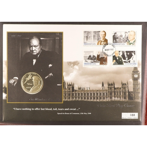 15 - COIN COVER COLLECTION - WAR RELATED in 7 albums which feature  D-day landings, Churchill, End of the... 