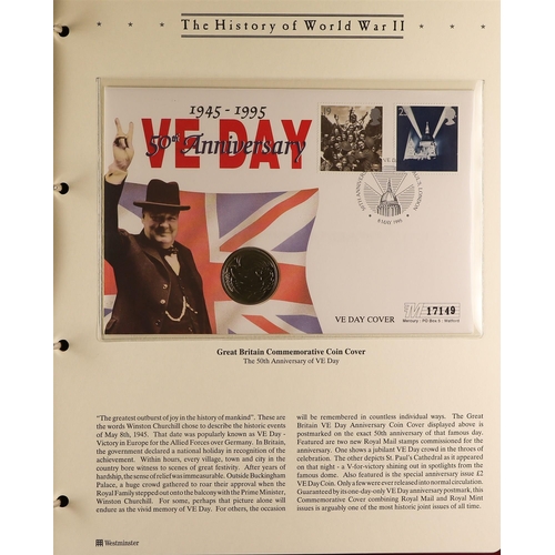 15 - COIN COVER COLLECTION - WAR RELATED in 7 albums which feature  D-day landings, Churchill, End of the... 