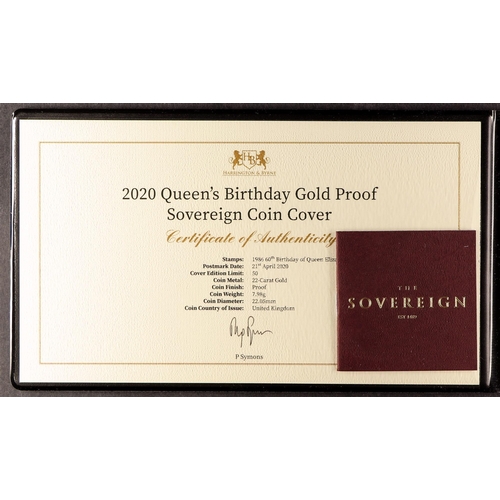 19 - COIN COVER 2020 Gold Proof Sovereign Coin Cover for the Queen's Birthday. Weight 7.98g, 22 Caret Gol... 