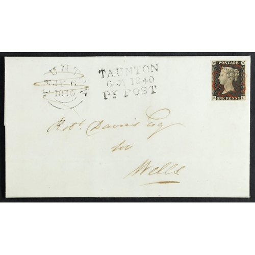 509 - GB.PENNY BLACKS 1840 (July) a very pretty and rare entire letter from Taunton to Wells, bearing 1d b... 