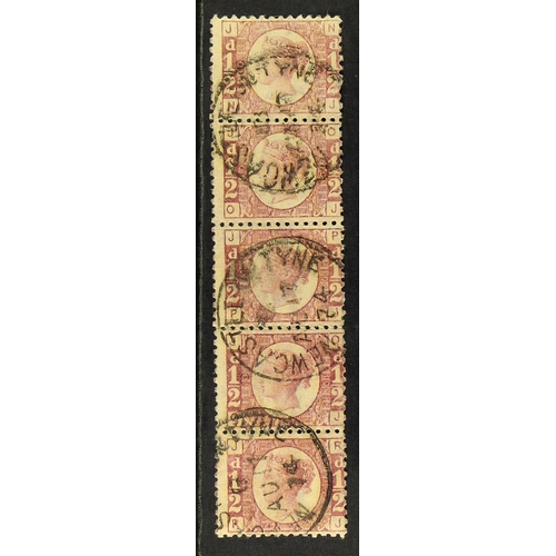 597 - GB.QUEEN VICTORIA 1870-79 ½d rose, plate 10, vertical strip of five with Newcastle On Tyne cds's. Ca... 