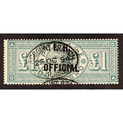 628 - GB.QUEEN VICTORIA OFFICIALS - INLAND REVENUE 1892 £1 green, SG O16, with Accounts Branch Glasgow ova... 