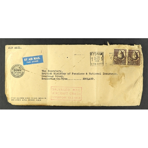 64 - COLLECTIONS & ACCUMULATIONS AIRCRAFT CRASH SALVAGED MAIL 1954 (March) cover from Australia to GB wit... 