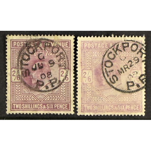 640 - GB.EDWARD VII 1908-09 Stockport P.P. cds's on 2s.6d chalky (2, one pale shade).