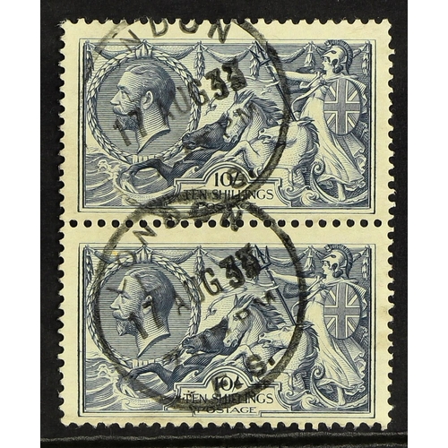 649 - GB.GEORGE V 1918-19 10s dull grey-blue Seahorse, SG 417, vertical pair with neat cds's. Cat. £350.