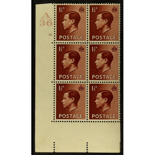 655 - GB.EDWARD VIII 1936 1½d red-brown A36 15. corner block of six, hinged in margin only.