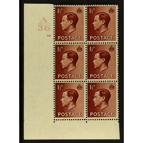 656 - GB.EDWARD VIII 1936 1½d red-brown A36 12 no dot, perf. type 2, corner block of six, fine mint.