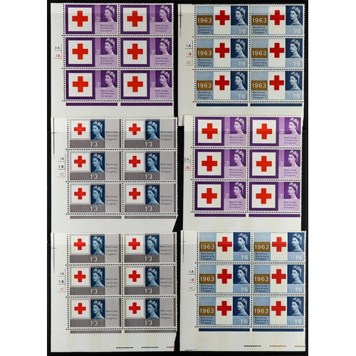 662 - GB.ELIZABETH II 1963 Red Cross Centenary both ordinary and phosphor sets in CYLINDER NUMBER BLOCKS O... 