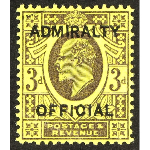 1350 - GB.EDWARD VII OFFICIALS - ADMIRALTY 1903 3d purple and yellow, SG O106, never hinged mint with a cre... 