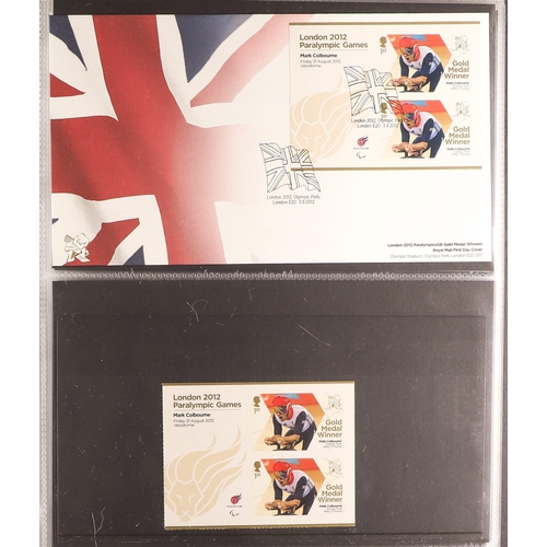 1395 - GB.ELIZABETH II 2012 GOLD MEDAL WINNERS pairs and sheetlets of six, in two albums with companion FDC... 