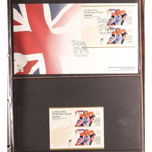 1395 - GB.ELIZABETH II 2012 GOLD MEDAL WINNERS pairs and sheetlets of six, in two albums with companion FDC... 