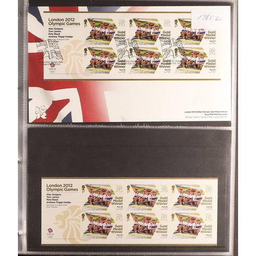 1395 - GB.ELIZABETH II 2012 GOLD MEDAL WINNERS pairs and sheetlets of six, in two albums with companion FDC... 