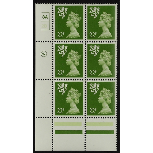 1471 - GB.REGIONS SCOTLAND 1986 22p yellow-green, plate block of six 3A/2B no dot, SG XSL41, never hinged m... 