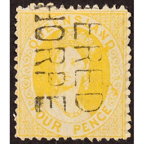 184 - AUSTRALIAN STATES QUEENSLAND 1868-78 4d yellow, perf 13, SG 89, with two line registered town cancel... 