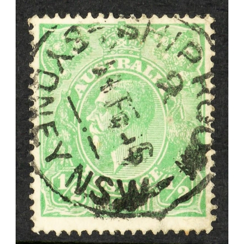 196 - AUSTRALIA 1914-20 ½d green, SG 20, showing crack through south west corner, BW 63 (3) O, fine cds us... 