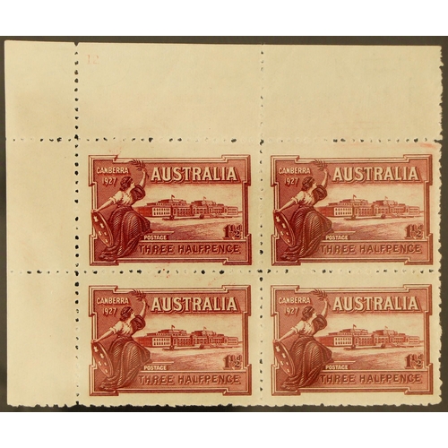 203 - AUSTRALIA 1927 1½d Opening of Parliament, SG 105, plate 12 upper left corner block of four, fine min... 