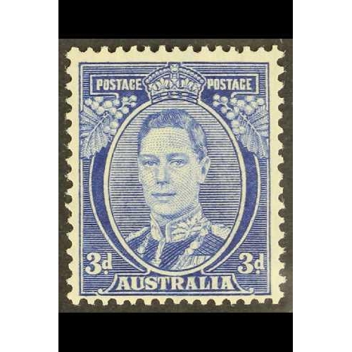 208 - AUSTRALIA 1937-49 3d bright blue perf 15x14 Die III, SG 186, never hinged mint. Cat. £48.