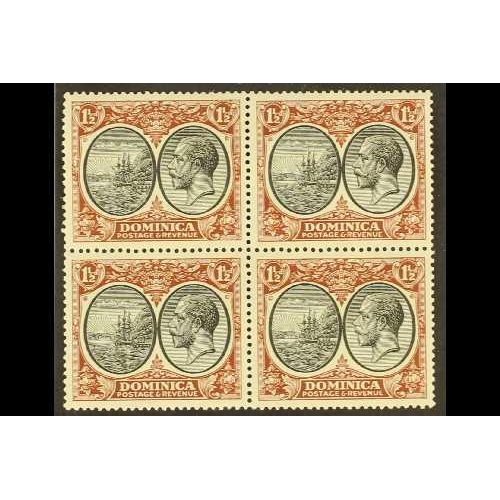 383 - DOMINICA 1923-33 1½d black & red-brown, SG 75, never hinged mint block of four. Cat. £60.