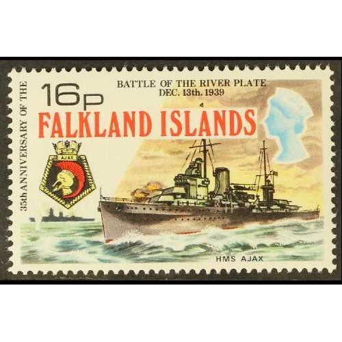 409 - FALKLAND IS. 1974 16p Battle 16p H.M.S. Ajax WMK TO RIGHT, SG 310w, never hinged mint.