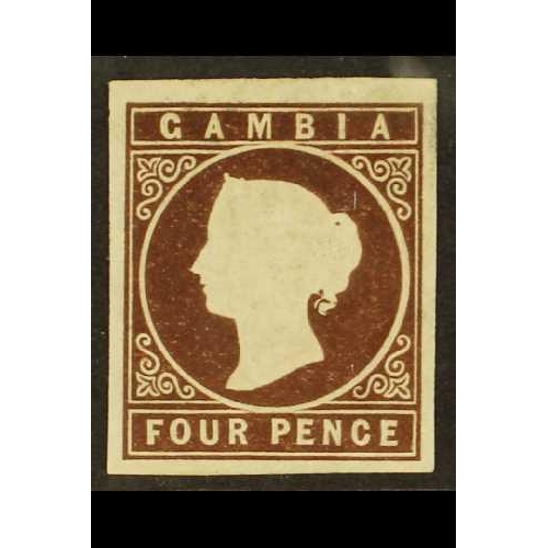 457 - GAMBIA 1869-72 4d brown, no watermark, SG 1, mint, a small thin and a couple of tiny pin holes, but ... 