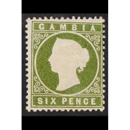 460 - GAMBIA 1886-93 6d olive-green SLOPING LABEL variety position R. 1/5, SG 32da, fine mint. Cat. £250.