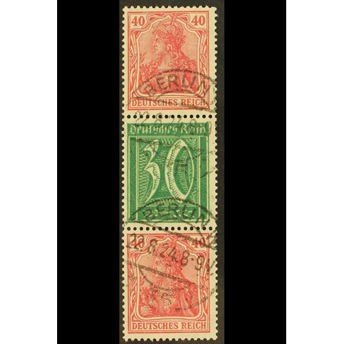 479 - GERMANY 1921 40pf+30pf+40pf Germania & Numerals vertical SE-TENANT STRIP of 3, Michel S 30, fine use... 